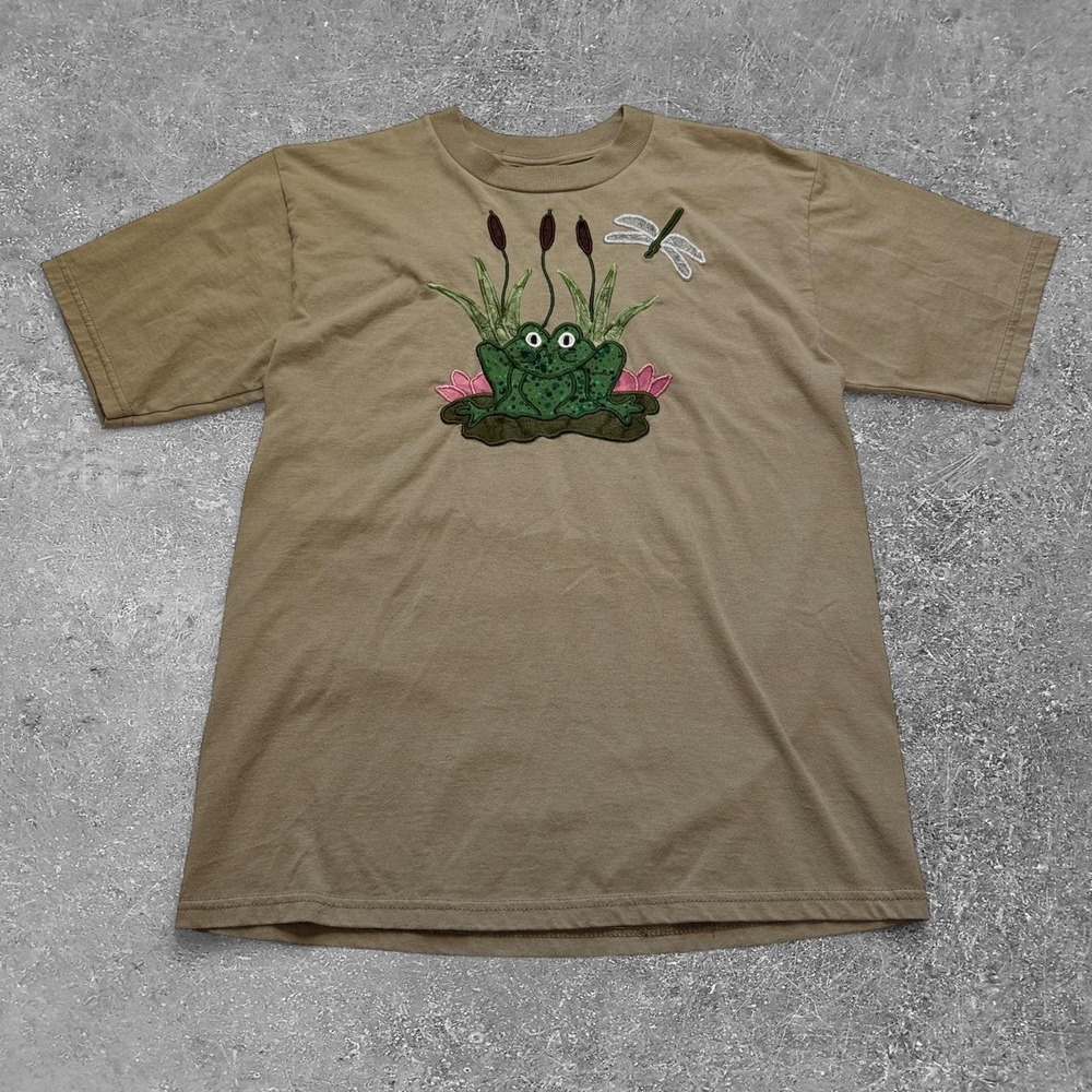 Jerzees Women Tan Embroidered Frog Nature T-Shirt Y2K Dragonfly Khaki Size M